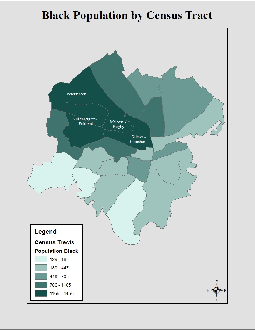 Map of the Black Population in Roanoke by Census Tract, showing the largest concentration in Northwest Roanoke