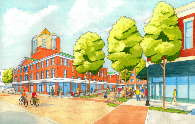 Rendering of Market square with street trees, clear crosswalks, and more pedestrian activity as proposed by the Downtown Plan