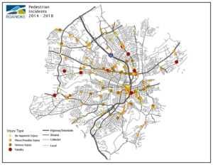 City of Roanoke map displaying pedestrians related crashes between 2014-2017-