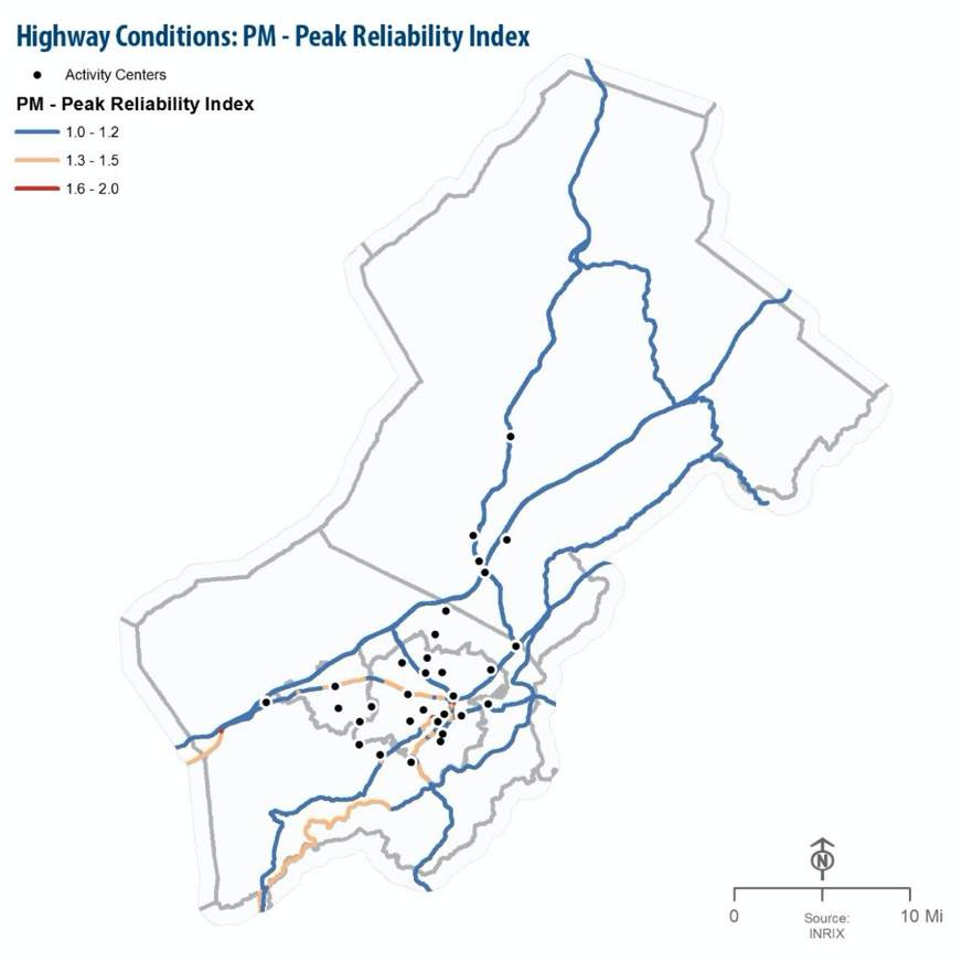 Highway conditions map showing most regional roads are congested less than 4.5% of time in peak PM hours.