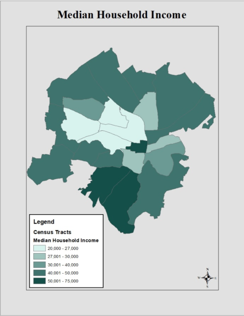Map of Roanoke City showing household income by census tract. The lowest income tracts shown overlap with the tracts with the highest concentration of single parent households and predominately black neighborhoods.