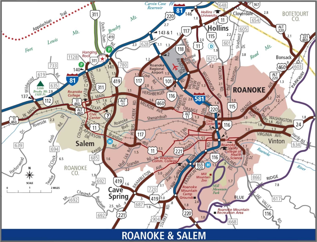 Map of transportation networks in Roanoke and Salem