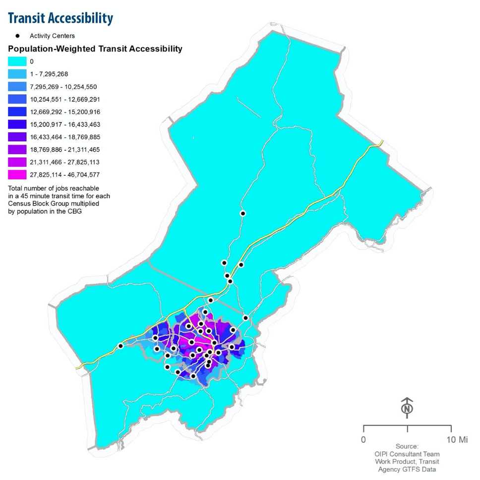 Transit Accessibility Map showing most accessibility is located in Roanoke City.