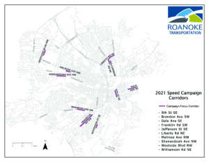 Map of the City of Roanoke streets highlighting the 10 priority corridors selected for the 2021 Speed Awareness campaign 