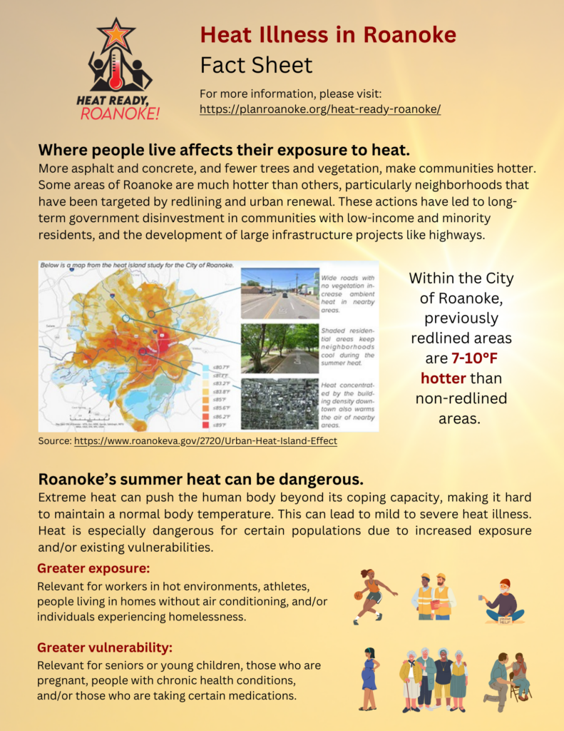 Heat Illness in Roanoke Fact Sheet For more information, please visit: https://planroanoke.org/heat-ready-roanoke/ Where people live affects their exposure to heat. More asphalt and concrete, and fewer trees and vegetation, make communities hotter. Some areas of Roanoke are much hotter than others, particularly neighborhoods that have been targeted by redlining and urban renewal. These actions have led to longterm government disinvestment in communities with low-income and minority residents, and the development of large infrastructure projects like highways. Within the City of Roanoke, previously redlined areas are 7-10°F hotter than non-redlined areas. Source: https://www.roanokeva.gov/2720/Urban-Heat-Island-Effect Greater exposure: Relevant for workers in hot environments, athletes, people living in homes without air conditioning, and/or individuals experiencing homelessness. Greater vulnerability: Relevant for seniors or young children, those who are pregnant, people with chronic health conditions, and/or those who are taking certain medications.