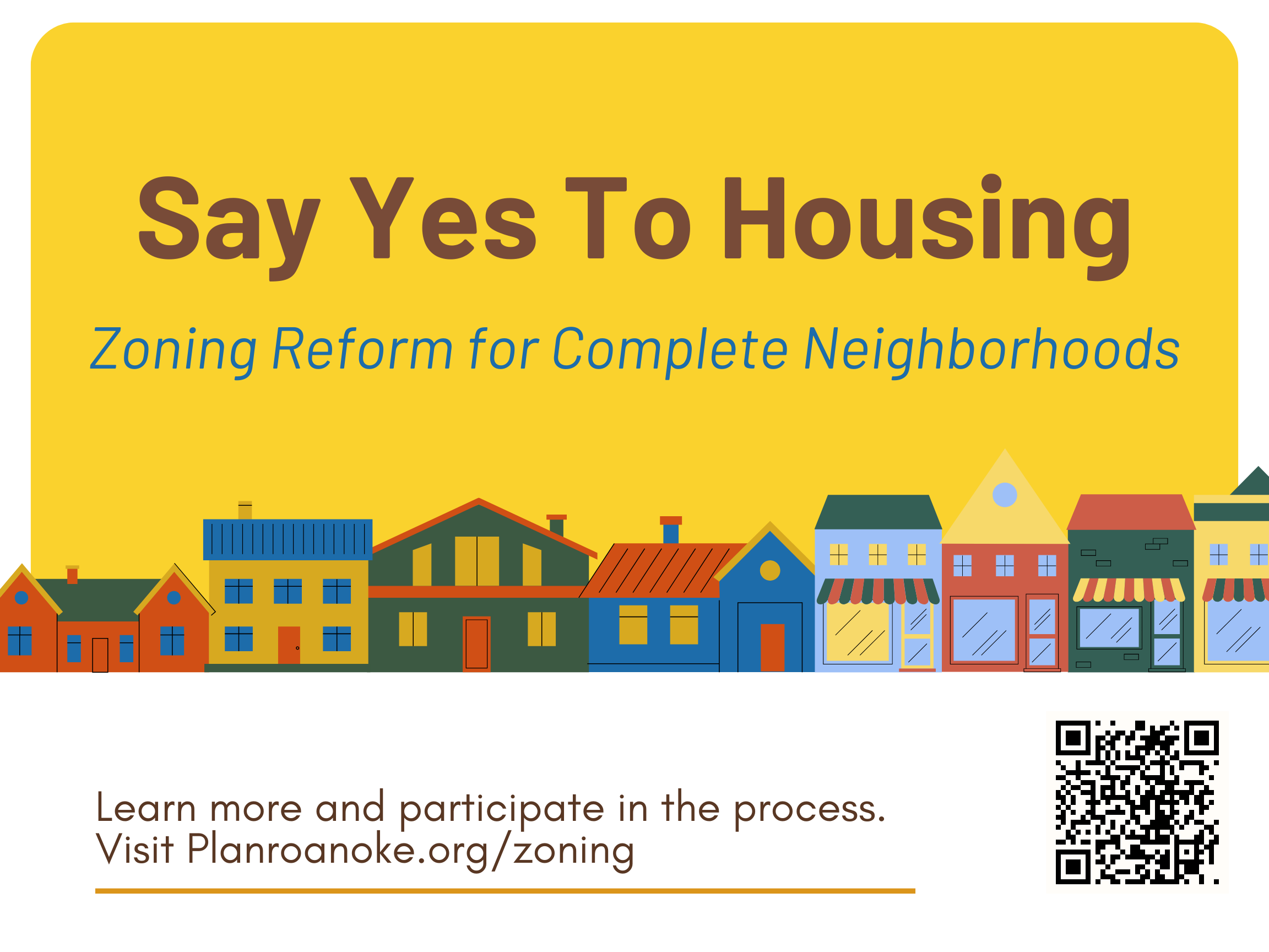Houses with text stating "Say yes to housing". Bottom of image includes a url and qr code for planroanoke.org/zoning