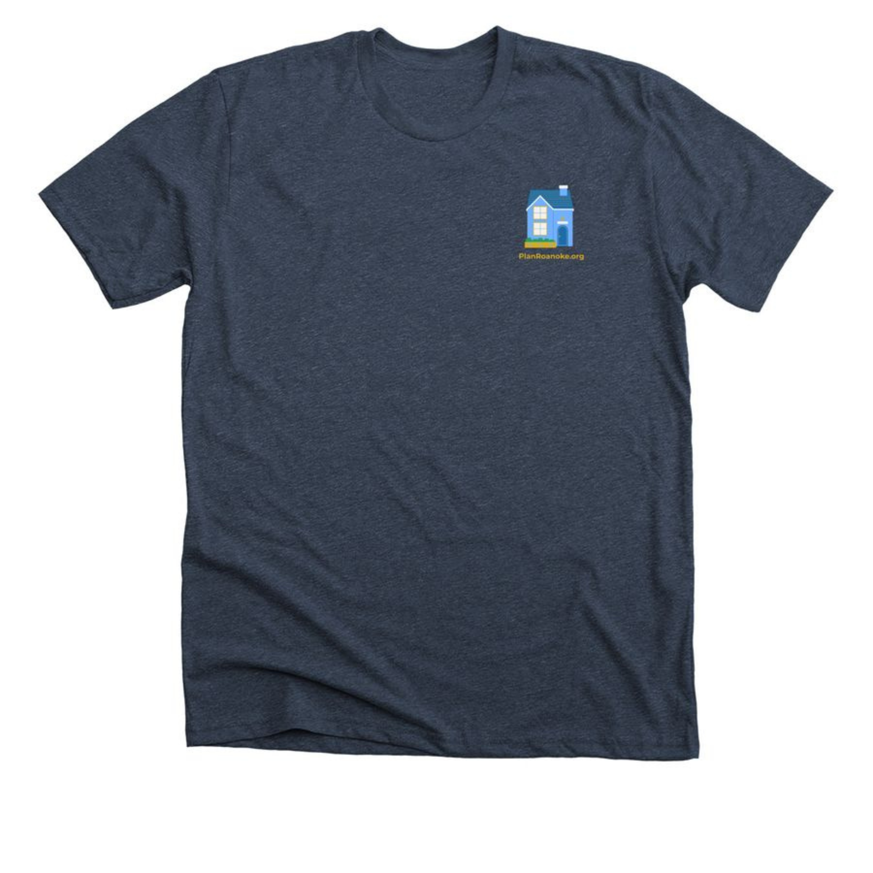 Navy blue t-shirt. The upper left chest area includes a design of a blue house with planroanoke.org written beneath it